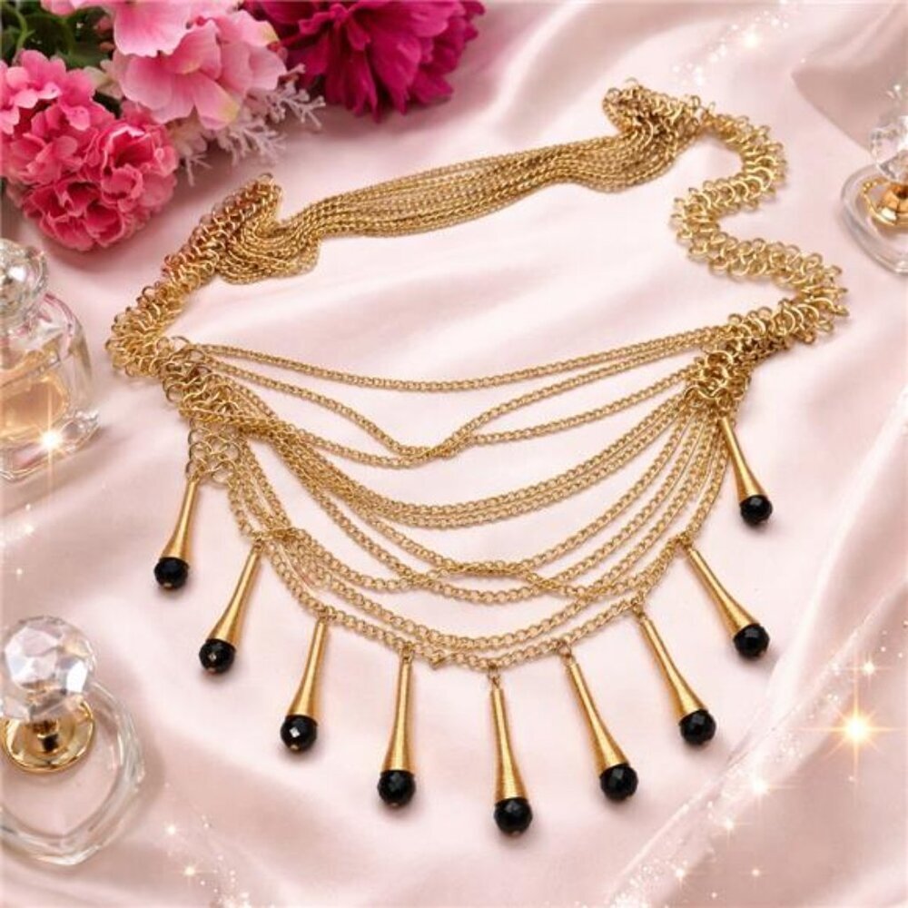 Gold Tone Waterfall Bib Fringe Necklace Black Crystal Drops Body Chain Style 34"
